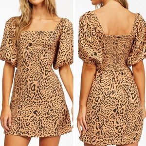 Billabong Animal Print Puff Sleeve Cotton Mini Dress sz L